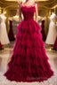 A-Line Long Spaghetti Strap Evening Prom Dress, Cute Layers Tulle Evening Dress
