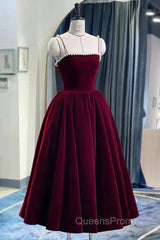 Tea Length Velvet Evening Prom Dress, Velvet Tea Length Formal Homecoming Dress