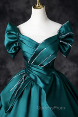 Teal A-Line Off The Shoulder Satin Long Evening Prom Dress, Elegant Evening Dress