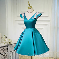 Teal Blue Satin Short Party Dress With White Lace, Blue Homecoming Dress Evening Prom Dress