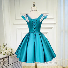 Teal Blue Satin Short Party Dress With White Lace, Blue Homecoming Dress Evening Prom Dress