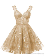 Teens Sparkly Tulle Champagne Homecoming Dresses Spaghetti Straps Short Cocktail Party Prom Dress