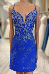 Royal Blue Beaded Plunge V Lace-Up Short Homecoming Dress