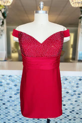 Red Beaded Off-the-Shoulder Sheath Satin Homecoming Dress