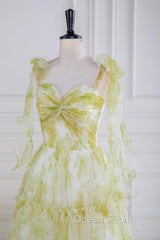 Tie Straps Yellow Floral Print Ruffles Tulle Long Evening Prom Dress