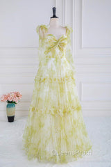 Tie Straps Yellow Floral Print Ruffles Tulle Long Evening Prom Dress