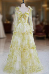 Tie Straps Yellow Floral Print Ruffles Tulle Long Evening Prom Dress