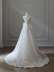Timeless A Line V Neckline Sequin Sleeveless White Wedding Dress Brides Dress