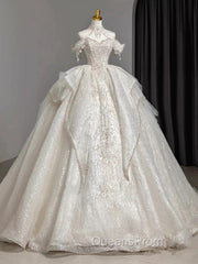 Timeless Ball Gown Sweetheart Short Sleeves Lace White Wedding Dress Brides Dress