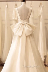 Timeless High Low Square Neckline Long White Satin Wedding Dress