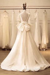 Timeless High Low Square Neckline Long White Satin Wedding Dress