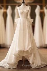 Timeless High Low Square Neckline Long White Satin Wedding Dress