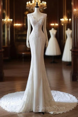 Timeless Mermaid V Neckline White Lace Wedding Dress Bridal Dress