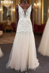 Trendy Ivory Sleeveless Lace Tulle High split A line Wedding Dress