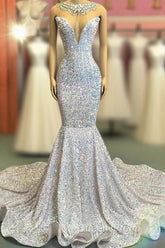 Trumpet Mermaid Beading Sequin White Evening Prom Dress