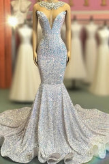 Trumpet Mermaid Beading Sequin White Evening Prom Dress