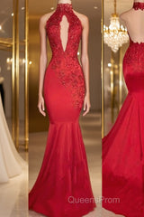 Trumpet/Mermaid Halter Sweep Train Charmeuse Evening Prom Dress With Appliques Lace