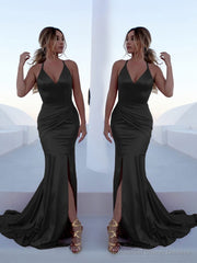 Trumpet/Mermaid Halter Sweep Train Silk like Satin Prom Dresses With Leg Slit