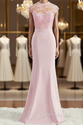 Trumpet/Mermaid High Neck Floor-Length Stretch Crepe Bridesmaid Dress with Appliques Lace