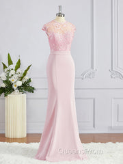 Trumpet/Mermaid High Neck Floor-Length Stretch Crepe Bridesmaid Dress with Appliques Lace