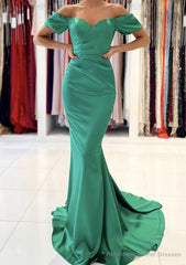 Trumpet/Mermaid Off-the-Shoulder Short Sleeve Satin Sweep Train Prom Dresses With Pleated