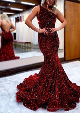 Trumpet/Mermaid One-Shoulder Sleeveless Long/Floor-Length Velvet Sequins Prom Dresses