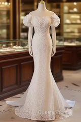 Trumpet Mermaid Puffy Sleeves Wedding Dress With Detachable Train