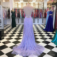 Trumpet/Mermaid Scoop Neck Sleeveless Sweep Train Lace Prom Dresses With Crystal