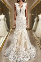 Trumpet/Mermaid Scoop Sweep Train Tulle Wedding Dress With Appliques Lace