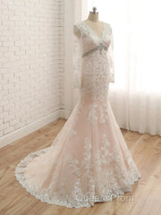 Trumpet/Mermaid V-Neck Long Sleeves Applique With Rhinestone Tulle Floor-Length Wedding Dress