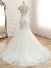 Trumpet/Mermaid V-Neck Sleeveless Applique Tulle Floor-Length Wedding Dress