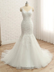 Trumpet/Mermaid V-Neck Sleeveless Applique With Beading Tulle Court Train Wedding Dress