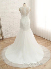 Trumpet/Mermaid V-Neck Sleeveless Applique With Sequin Tulle Court Train Wedding Dress