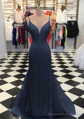 Trumpet/Mermaid V Neck Sleeveless Court Train Lace Tulle Prom Dresses