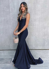 Trumpet/Mermaid V Neck Sleeveless Sweep Train Jersey Prom Dresses