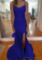 Trumpet/Mermaid V Neck Sleeveless Sweep Train Jersey Prom Dresses With Split Pleated
