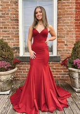 Trumpet/Mermaid V Neck Spaghetti Straps Sweep Train Satin Prom Dresses