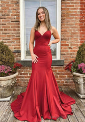 Trumpet/Mermaid V Neck Spaghetti Straps Sweep Train Satin Prom Dresses