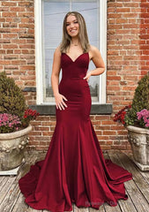 Trumpet/Mermaid V Neck Spaghetti Straps Sweep Train Satin Prom Dresses