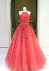 Red Lace Floor Length Prom Dresses, A-Line Formal Evening Dresses