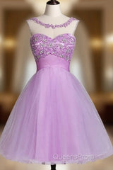 Tulle Appliques Beads Open Back Short Purple Homecoming Dress