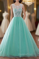 Tulle Buttons Lace Long Green Round Neck Evening Prom Dress