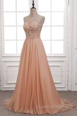 Tulle & Chiffon High Neck Evening Dress With Beading