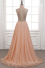 Tulle & Chiffon High Neck Evening Dress With Beading
