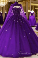 Tulle Dark Purple Quince Dress Ball Gown Wedding Dress With Cape