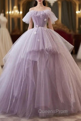 Tulle Floral Ball Gown Princess Lavender Evening Prom Dress