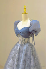 Tulle Lace Long Prom Dress, Blue Short Sleeve Evening Dress