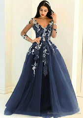 Tulle Long/Floor-Length A-Line/Princess Full/Long Sleeve V-Neck Zipper Evening Dresses With Appliqued