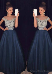 Tulle Long/Floor-Length A-Line/Princess Sleeveless Bateau Zipper Prom Dresses With Beaded
