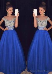 Tulle Long/Floor-Length A-Line/Princess Sleeveless Bateau Zipper Prom Dresses With Beaded